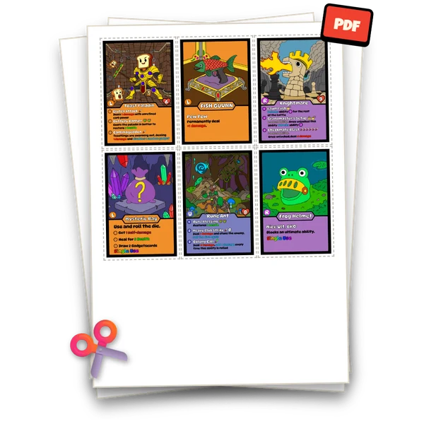 Design preview of the print-and-play sheets with cut lines